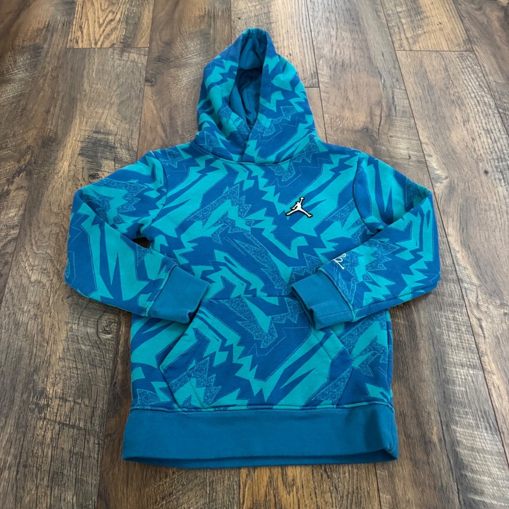 Jordan Boys Teal Blue Geometric Lightning Bolt Pullover Hoodie Size 6 M 5-6YRS